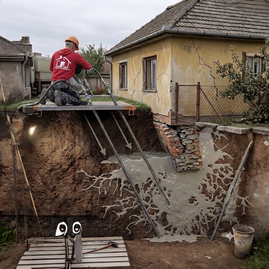 Megrepedt ház falának javításának szemléltetése