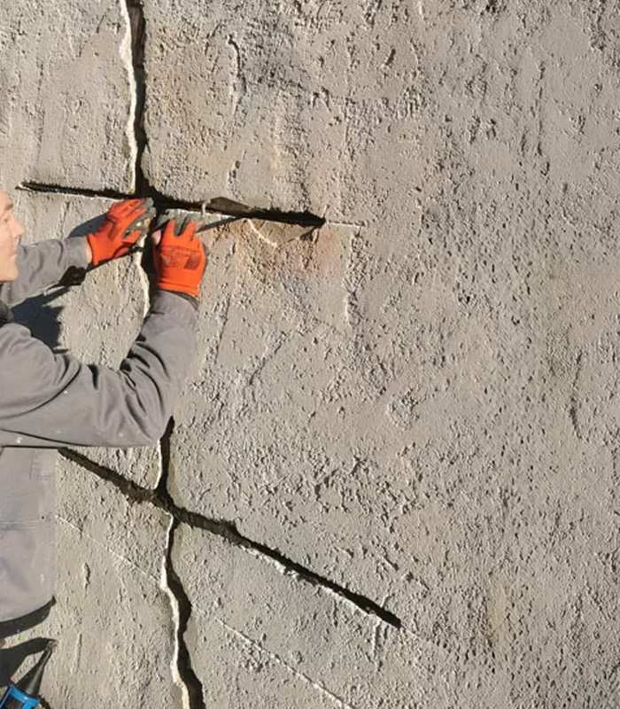 Mérnök munkás szakember betonfal megrepedt részén javítás közben.